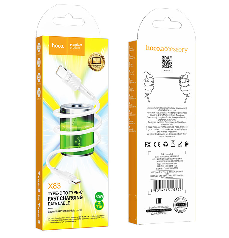 USB-C кабель HOCO X83 Victory 60W Type-С to Type-С (100см), белый
