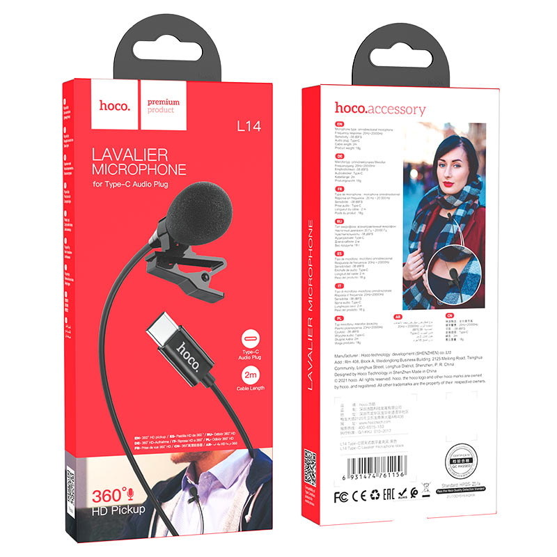 Микрофон петличный HOCO L14 (Type-C) 2м, черный