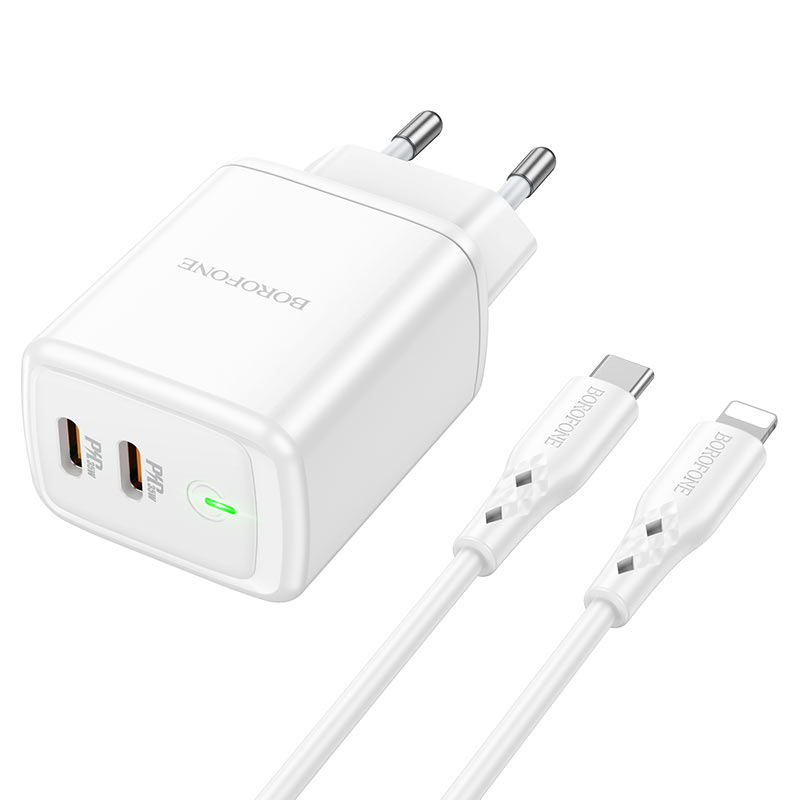 Сетевой адаптер BOROFONE BN9 Reacher (2 Type-C, 35W) с кабелем Type-C - Lightning, белый
