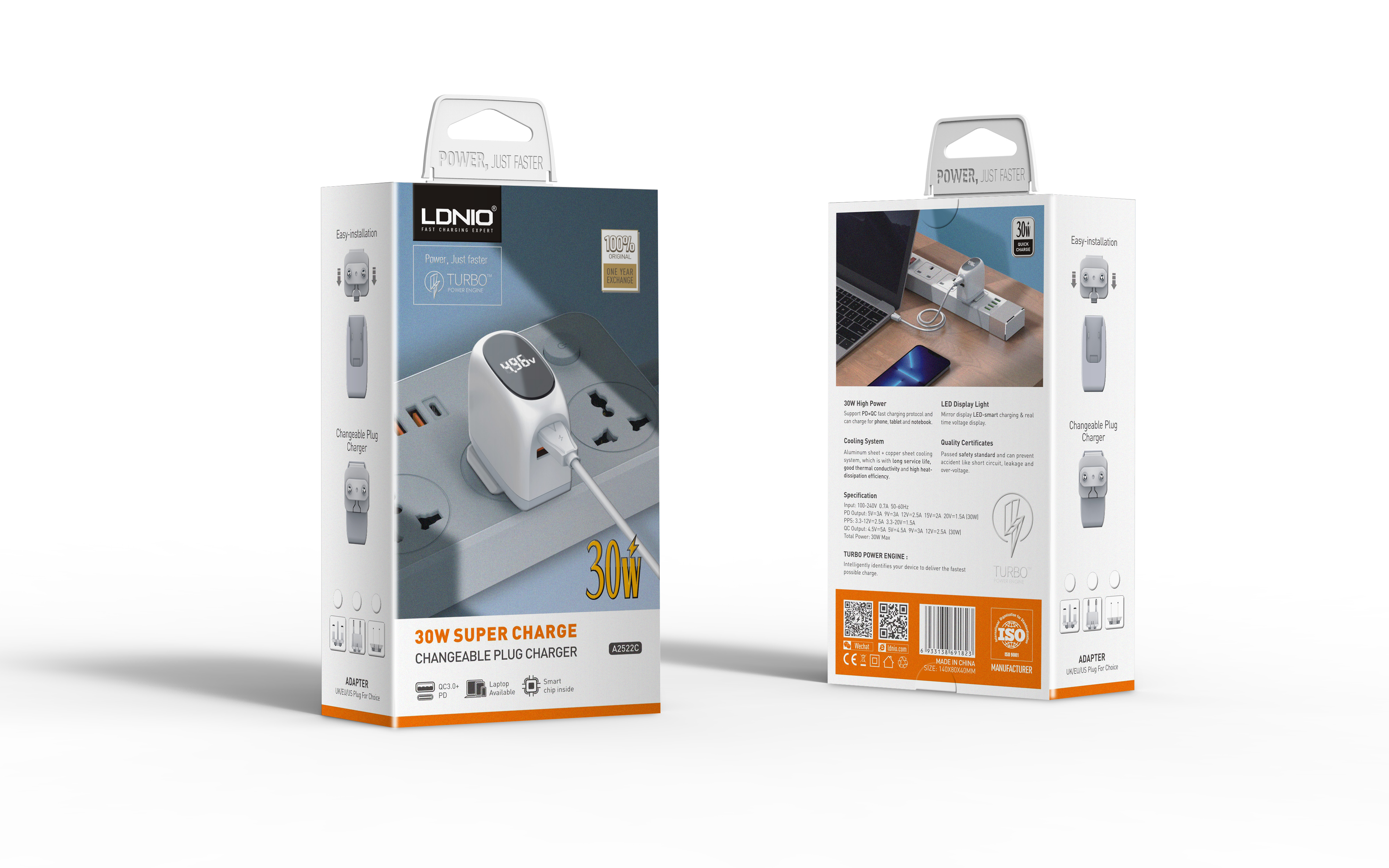 Сетевой USB адаптер LDNIO A2522C (2 USB, PD + QC 3.0, 33W с Кабелем Type-C, белый