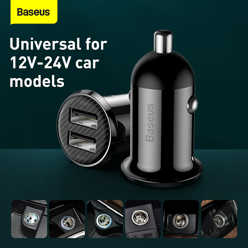 Автомобильный адаптер BASEUS Grain Pro (2 USB, 4.8A), черный