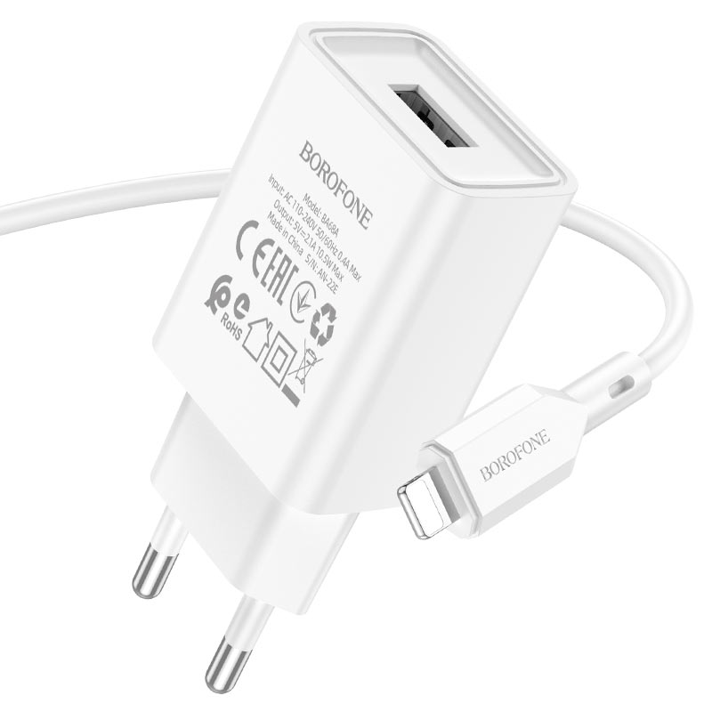 Сетевой адаптер BOROFONE BA68A Glacierl port charger (USB 2.1A) с кабелем Lightning, белый