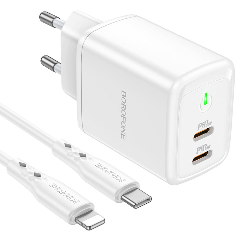 Сетевой адаптер BOROFONE BN9 Reacher (2 Type-C, 35W) с кабелем Type-C - Lightning, белый
