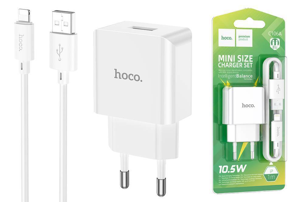 Сетевой адаптер HOCO C106A Leisure 2,1A/10W с кабелем Lightning, белый
