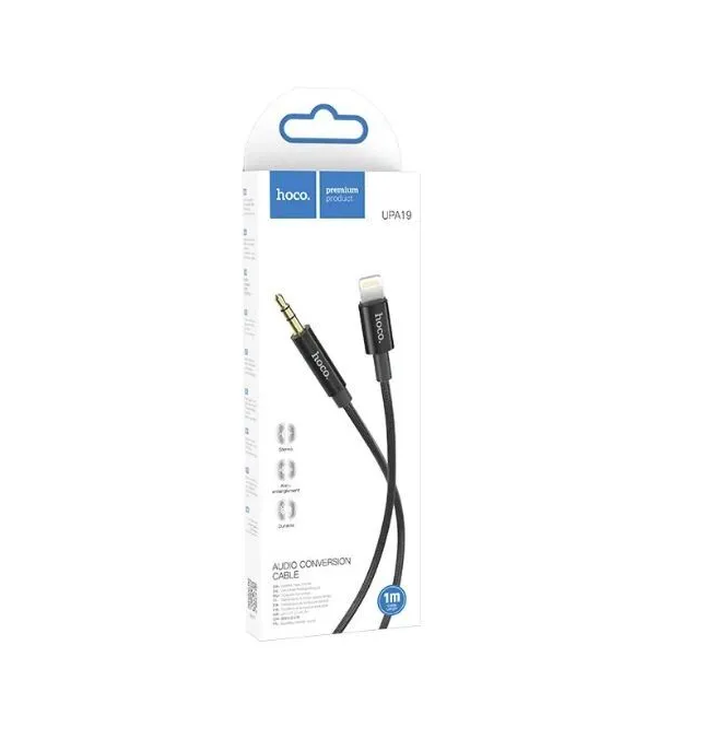 Кабель AUX джек 3,5 вход - Lightning HOCO UPA19 (100см), тканевая оплетка, черный