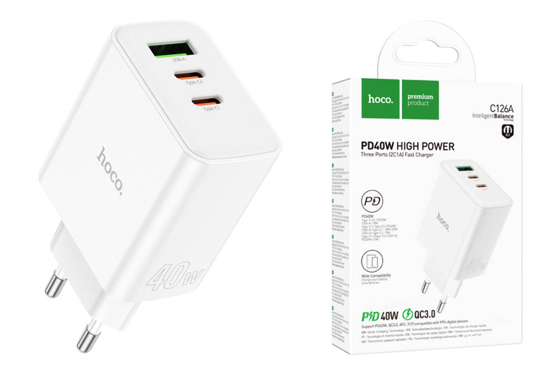 Сетевой адаптер HOCO C126A Pure USB + 2 USB-C, PD40W+ QC3.0, белый