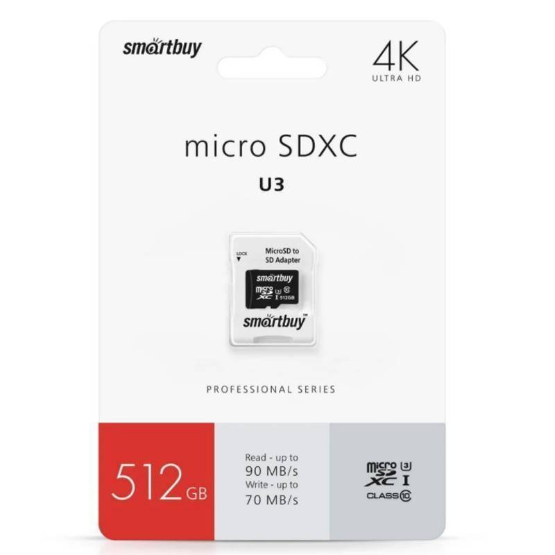 Карта памяти MicroSDXC Smartbuy 512GB Class10 PRO U3 R/W:90/70 MB/s (с адапт) SB512GBSDCL10U3-01