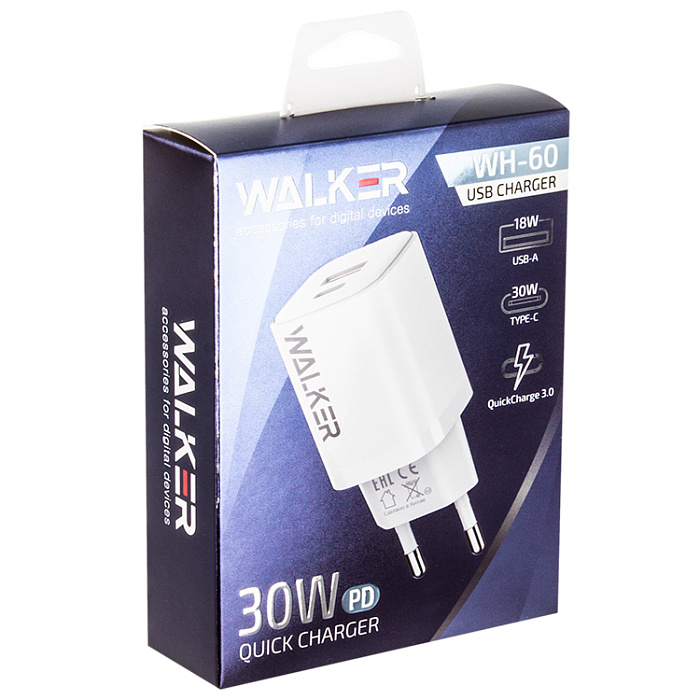 Сетевой адаптер WALKER WH-60, 3A, 30W, USB +USB-C, QC 3.0 + PD, белый