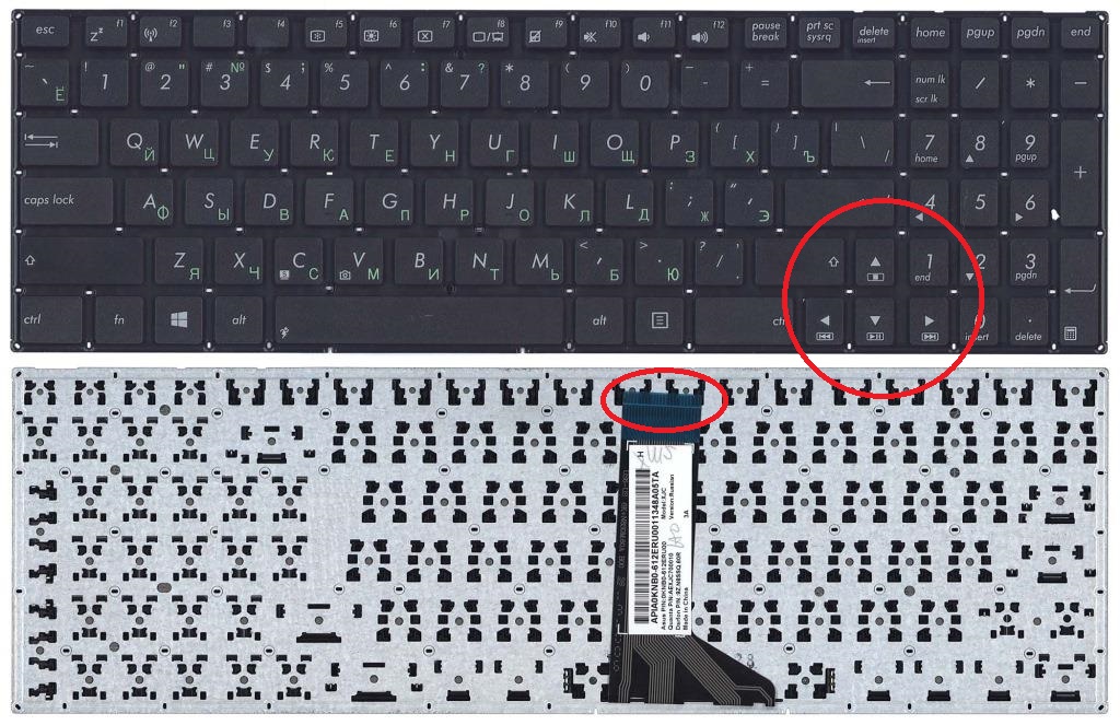 Клавиатура для ноутбука Asus X550 черная (короткий шлейф, без креплений, контакты с лицевой стороны)