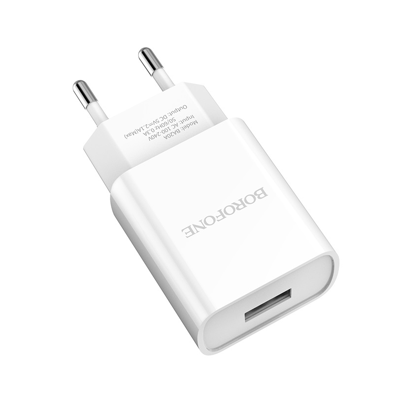 Сетевой адаптер BOROFONE BA20A (1 USB, 2.1A), без кабеля, белый