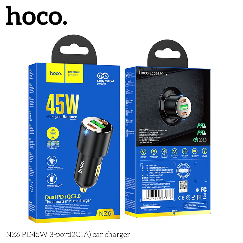 Автомобильный адаптер HOCO NZ6 PD45W 3-port(2C1A), черный