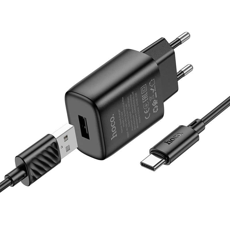 Сетевой адаптер HOCO C134A Solid single port charger 2.4A с кабелем Type-C, черный