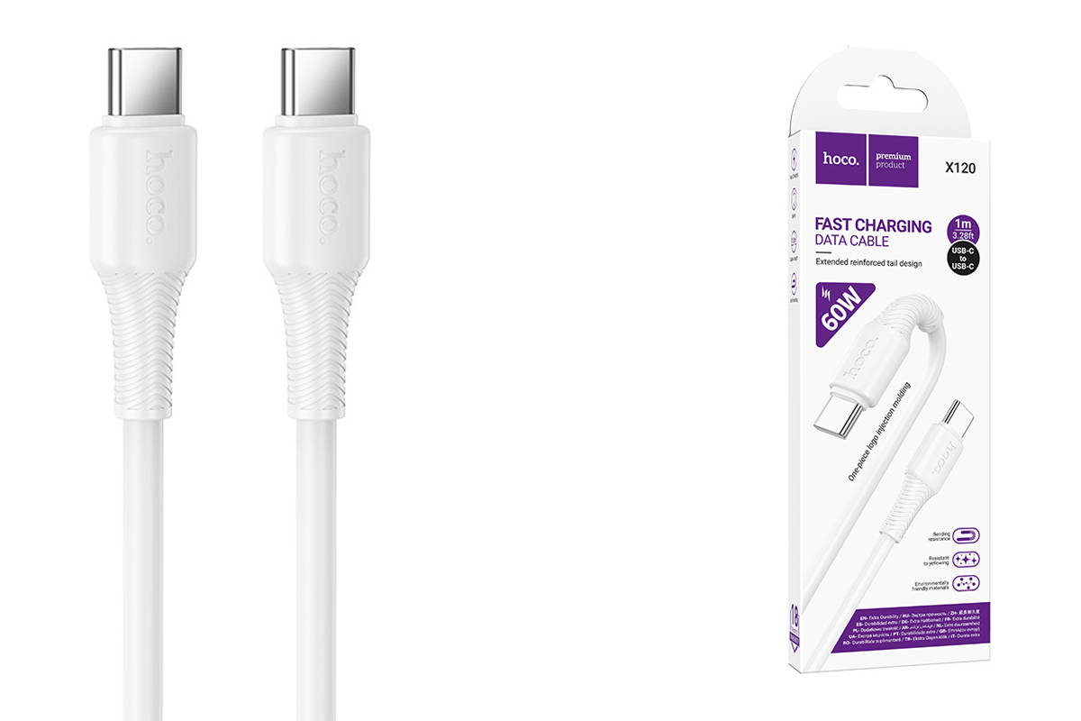 USB-C кабель HOCO X120 Beneficio Type-С to Type-С PD 60W (3A, 1м), нейлон, белый