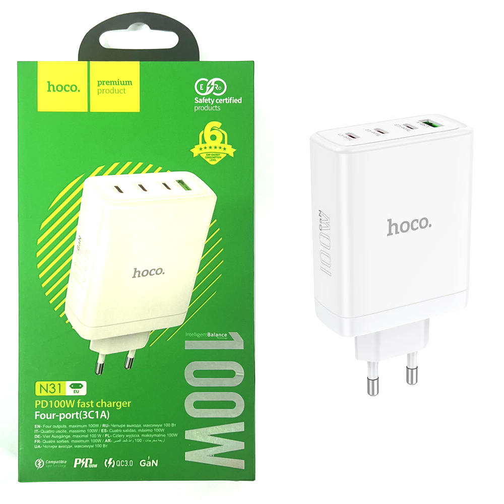 Сетевой адаптер HOCO N31 Leader PD100W four-port (3C1A) fast charger, белый