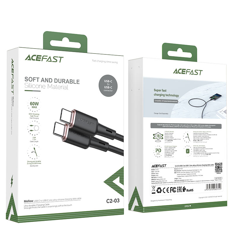 USB-C кабель ACEFAST C2-03 60W Type-C to Type-C (120см. 3A), черный