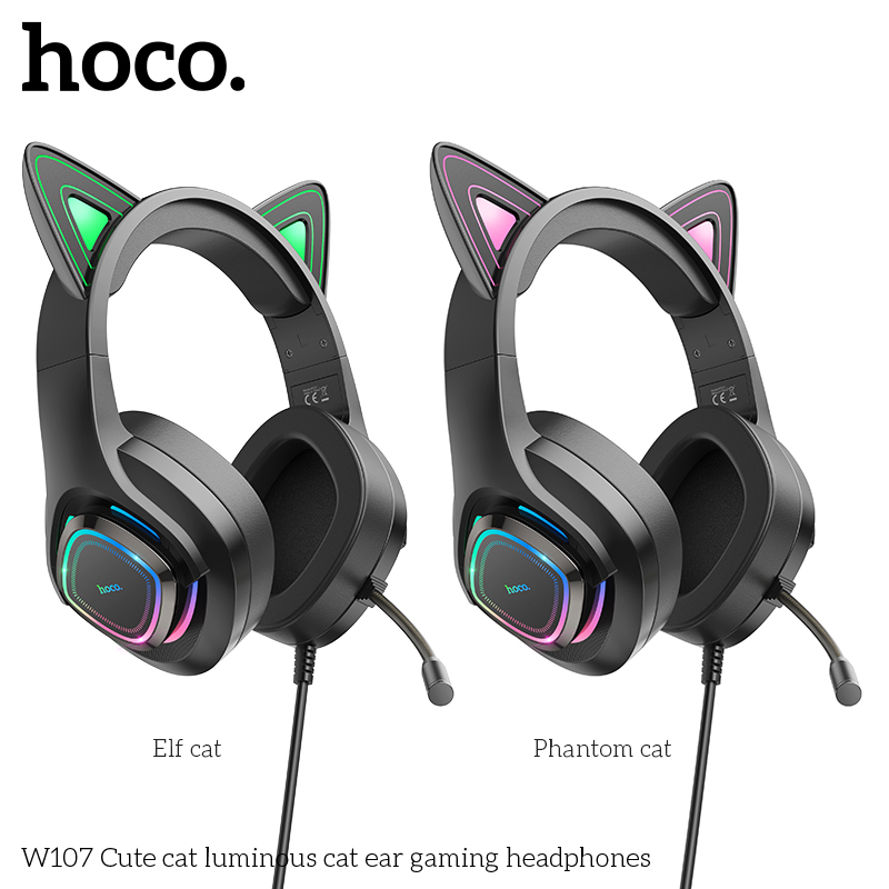 Проводные внешние наушники HOCO W107 Cute cat luminous cat ear gaming headphones, эльфийский кот