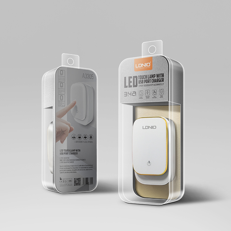 Сетевой USB адаптер LDNIO A3305 (3 USB, 17W, LED ночник с кабелем Lightning), белый