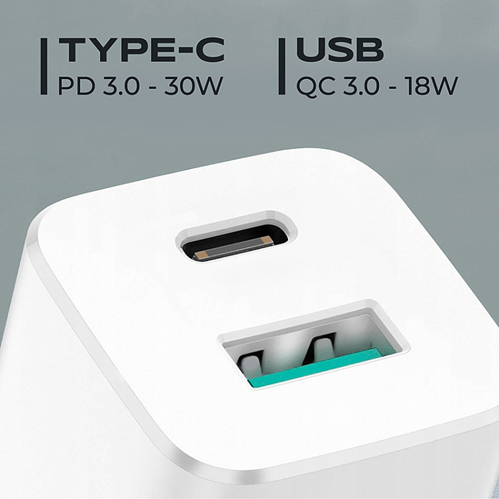 Сетевой адаптер WALKER WH-60, 3A, 30W, USB +USB-C, QC 3.0 + PD, белый