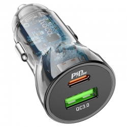 Автомобильный адаптер HOCO Z47A PD30W + QC3.0, прозрачный черный Автомобильный адаптер HOCO Z47A PD30W + QC3.0, прозрачный черный