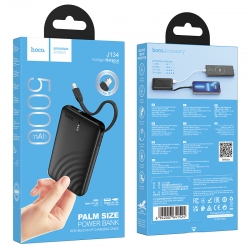 Внешний аккумулятор Power Bank 5000 mAh HOCO J134 Strong, с кабелем Lightning, черный