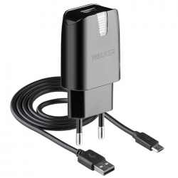 Сетевой адаптер WALKER 2в1 WH-21, 2.1А, 10,5Вт, USB, с кабелем micro, черное