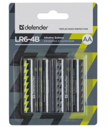 Батарейка DEFENDER LR06/4B AA/пальчиковая (1,5v, алкалиновая) упаковка 4 шт