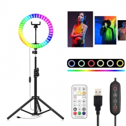 Кольцевая лампа (26см) c дepжaтeлем для cмapтфoнa RGB многоцветная (без штатива)