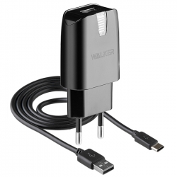 Сетевой адаптер WALKER 2в1 WH-21, 2.1А, 10,5Вт, USB, с кабелем Type-C, черное