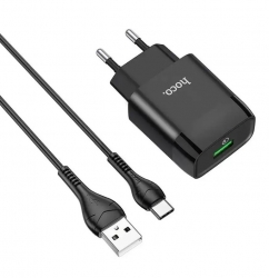Сетевой адаптер HOCO C72Q USB (2.4A) QC3.0 / 18W с кабелем Type-C, черный Сетевой адаптер HOCO C72Q USB (2.4A) QC3.0 / 18W с кабелем Type-C, черный