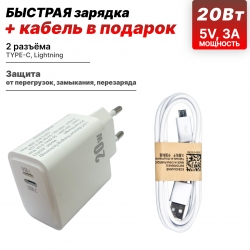 Сетевой адаптер USB-C 20W USB-C + USB-L, PD с кабелем micro USB Samsung 1,0м