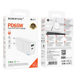 Сетевой адаптер BOROFONE BA87A, 1USB/1Type-C, QC3.0+PD65W, 3А, белый Сетевой адаптер BOROFONE BA87A, 1USB/1Type-C, QC3.0+PD65W, 3А, белый