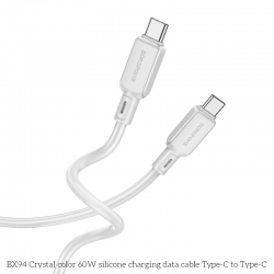 USB-C кабель BOROFONE BX94 Crystal Silicone Type-С to Type-С PD60W (3.0A, 100см), светло-серый USB-C кабель BOROFONE BX94 Crystal Silicone Type-С to Type-С PD60W (3.0A, 100см), светло-серый