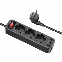 Сетевой фильтр HOCO NS2 (3гнезда + 3USB) 1.8m, черный Сетевой фильтр HOCO NS2 (3гнезда + 3USB) 1.8m, черный