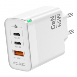 Сетевой адаптер WALKER WH-45 GaN, 3.25А, 65Вт, USB + 2 USB-C, QC 3.0 + PD, белый