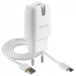 Сетевой адаптер WALKER 2в1 WH-21, 2.1А, 10,5Вт, USB, с кабелем Type-C, белое