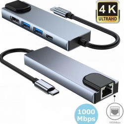 HUB USB- C to HDTV 5 in 1. (HDTV+ 2 USB 3.0+ TYPE-C+ LAN) серый