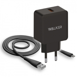 Сетевой адаптер WALKER 2в1 WH-25, 3А, 18Вт, USB, поддержка QC, с кабелем Lightning, черное Сетевой адаптер WALKER 2в1 WH-25, 3А, 18Вт, USB, поддержка QC, с кабелем Lightning, черное
