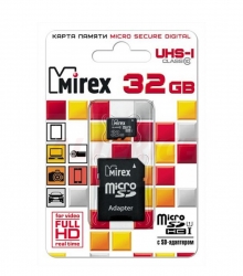 Карта памяти MicroSDHC Mirex 32 GB класс 10 (UHS-I, U1, class 10) с адаптером