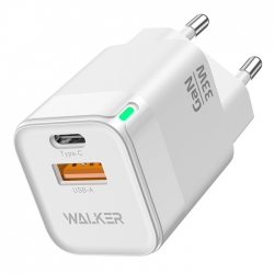 Сетевой адаптер WALKER WH-43 GaN, 3A, 33W, USB+USB-C, QC 3.0 + PD, белый