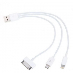 USB кабель 3 в 1 Micro/ Lightning/ iPhone 4 (30 pin), 20 см, белый USB кабель 3 в 1 Micro/ Lightning/ iPhone 4 (30 pin), 20 см, белый