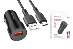 Автомобильный адаптер BOROFONE BZ19A Wisdom single port QC3.0 car charger set + кабельType-C, черный Автомобильный адаптер BOROFONE BZ19A Wisdom single port QC3.0 car charger set + кабельType-C, черный