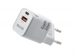 Сетевой адаптер WALKER WH-42 GaN, 3A, 20W, USB+USB-C, QC 3.0 + PD, белый