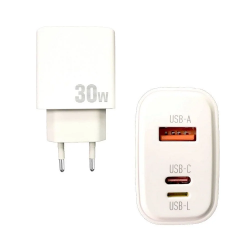 Сетевой адаптер USB-C 30W USB-A + USB-C + USB-L, PD, orig белый Сетевой адаптер USB-C 30W USB-A + USB-C + USB-L, PD, orig белый