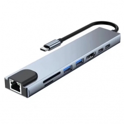 HUB USB- C to HDTV 8 in 1. (HDTV+PD+ 2 USB+ TYPE-C+SD+ TF+ RJ45) серый