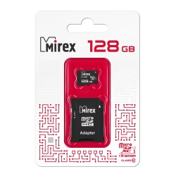 Карта памяти MicroSDXC Mirex 128 GB класс 10 (UHS-I, U1, class 10) с адаптером