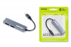 Разветвитель USB HUB Type-C Хаб Smartbuy 460С 2 порта USB 3.0, металл.корпус, серый