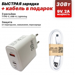 Сетевой адаптер USB-C 30W USB-A + USB-C + USB-L, PD, orig с кабелем micro USB Samsung 1,0м Сетевой адаптер USB-C 30W USB-A + USB-C + USB-L, PD, orig с кабелем micro USB Samsung 1,0м