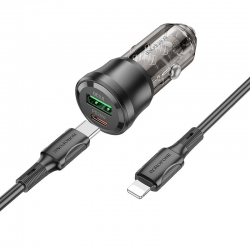 Автомобильный адаптер BOROFONE BZ25 PD38W + QC 3.0, кабель Type-C to Lightning. прозрачный черный Автомобильный адаптер BOROFONE BZ25 PD38W + QC 3.0, кабель Type-C to Lightning. прозрачный черный