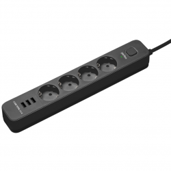 Сетевой фильтр Perfeo Power Stream 4 розетки+3 USB / 2500W, кабель 2м, черный
