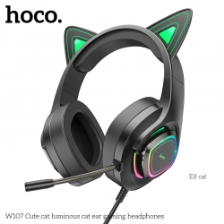 Проводные внешние наушники HOCO W107 Cute cat luminous cat ear gaming headphones, эльфийский кот